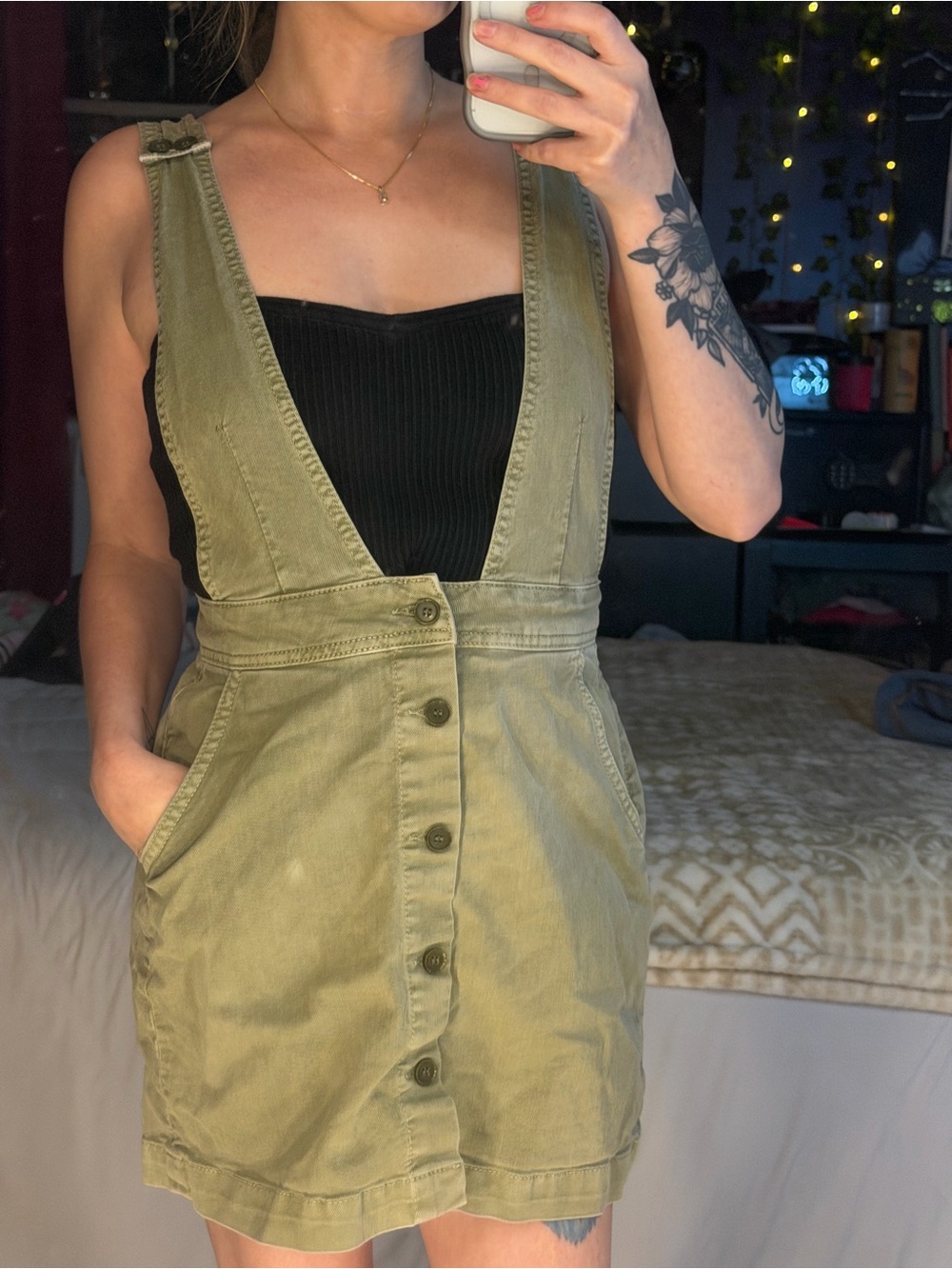 We The Free Olive Green Button-Front Denim Overall Dress